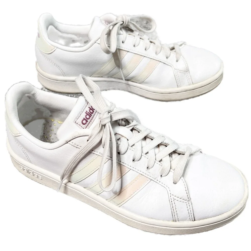 Adidas Grand Court Womens White Iridescent Classic Sneakers Cloudfoam Size 7.5